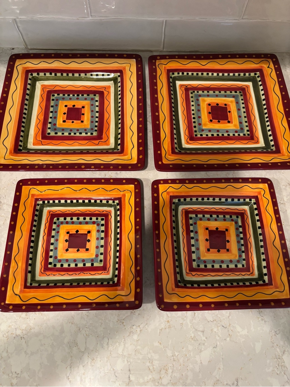 Colorful Square Ceramic Dinner Plates - Red, Orange, Yellow, Blue Accent